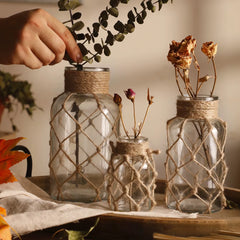 Rustic Hanging Glass Vase Rope Net Dry Flower Glass Vase with Art Hemp Rope Home Transparent Living Room Decor Table Decoration