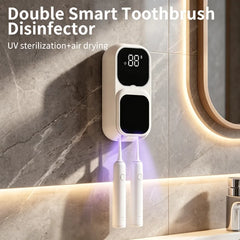Rechargeable Smart Double Toothbrush Holder with UV Sterilizer Wall Mount - UV Disinfection Air Drying Digital Display