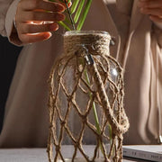 Rustic Hanging Glass Vase Rope Net Dry Flower Glass Vase with Art Hemp Rope Home Transparent Living Room Decor Table Decoration